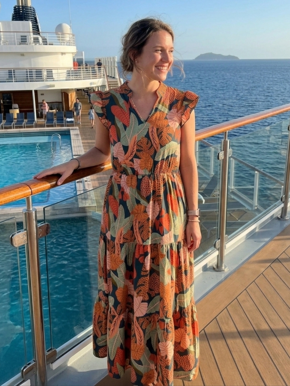 Tropical Leaf Print Midi Dress Women's Boho Resort Vacation Flutter Sleeve Dress - Picture 2 of 6